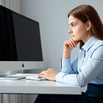 A calm and professional individual, dressed in modest, appropriate business attire, sits thoughtfully at a contemporary desk in a serene, brightly lit office. The subject's expression conveys deep contemplation and an active internal process of analyzing thoughts. Their posture is natural and composed. Perfect anatomy, correct proportions, natural pose, well-formed hands, proper finger count, natural body proportions. Professional photography, high resolution, soft, natural lighting, sharp focus. safe for work, appropriate content, fully clothed, professional, modest.