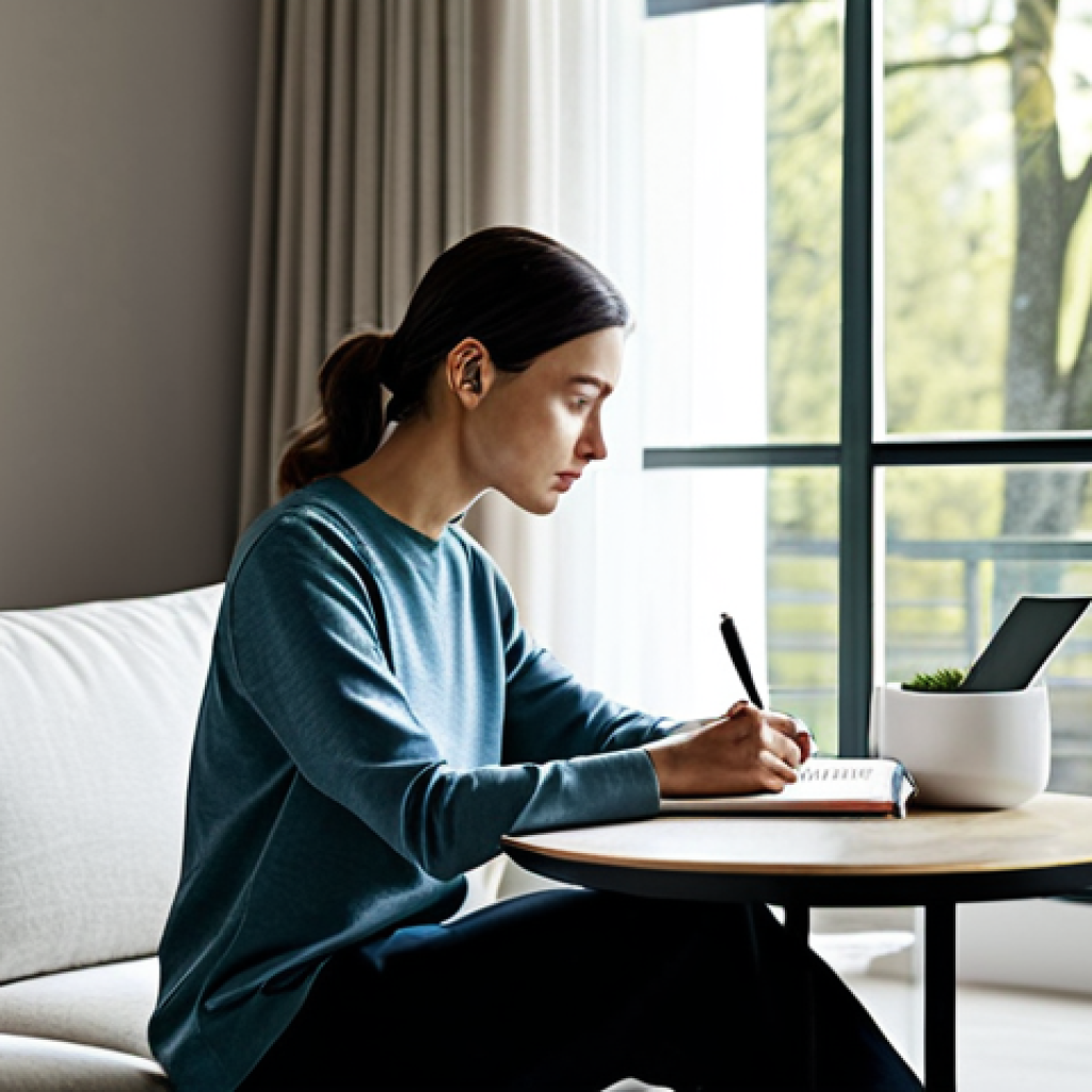A professional individual, fully clothed in modest, comfortable attire, sitting calmly in a modern, minimalist living room. They are looking thoughtfully out a large window, with a closed notebook and a pen on a nearby table, suggesting a moment of quiet reflection and digital detox. The space is filled with soft, natural light, creating a serene and peaceful atmosphere. perfect anatomy, correct proportions, natural pose, well-formed hands, proper finger count, natural body proportions, safe for work, appropriate content, professional, family-friendly, high quality photography, serene environment.
