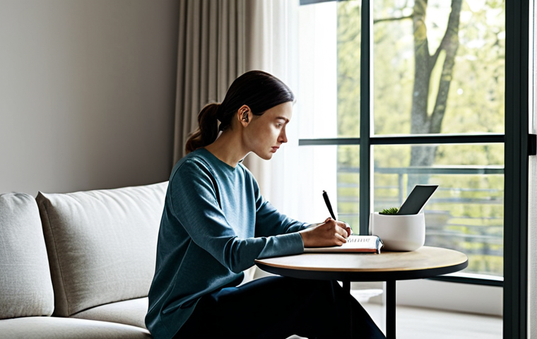 A professional individual, fully clothed in modest, comfortable attire, sitting calmly in a modern, minimalist living room. They are looking thoughtfully out a large window, with a closed notebook and a pen on a nearby table, suggesting a moment of quiet reflection and digital detox. The space is filled with soft, natural light, creating a serene and peaceful atmosphere. perfect anatomy, correct proportions, natural pose, well-formed hands, proper finger count, natural body proportions, safe for work, appropriate content, professional, family-friendly, high quality photography, serene environment.