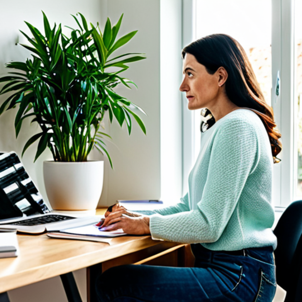 Woman in Home Office Reflecting**

"A woman in her late 30s, fully clothed in a modest, comfortable sweater and jeans, sitting thoughtfully at a wooden desk in a bright, modern home office filled with plants. She is looking out the window, a soft glow illuminates her face. Books and a laptop are on the desk. Safe for work, appropriate content, professional, family-friendly, perfect anatomy, correct proportions, natural pose, well-formed hands, proper finger count, natural body proportions."

**
