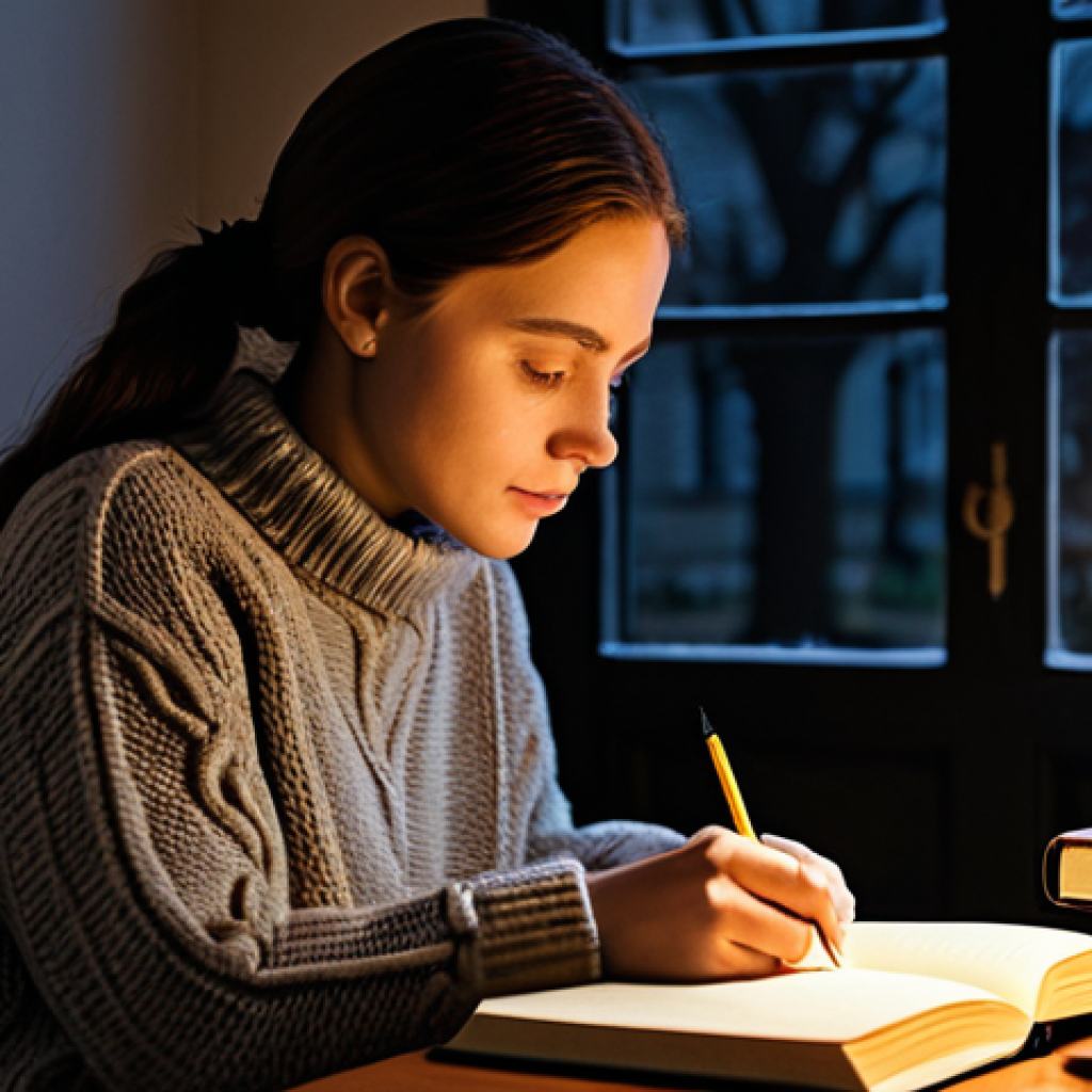 **
A woman in a quiet study, journaling by candlelight, surrounded by books. She's wearing a comfortable, fully clothed sweater and pants, safe for work, appropriate content. Focus on her calm expression and the peaceful atmosphere. Natural pose, perfect anatomy, modest setting, family-friendly.
**