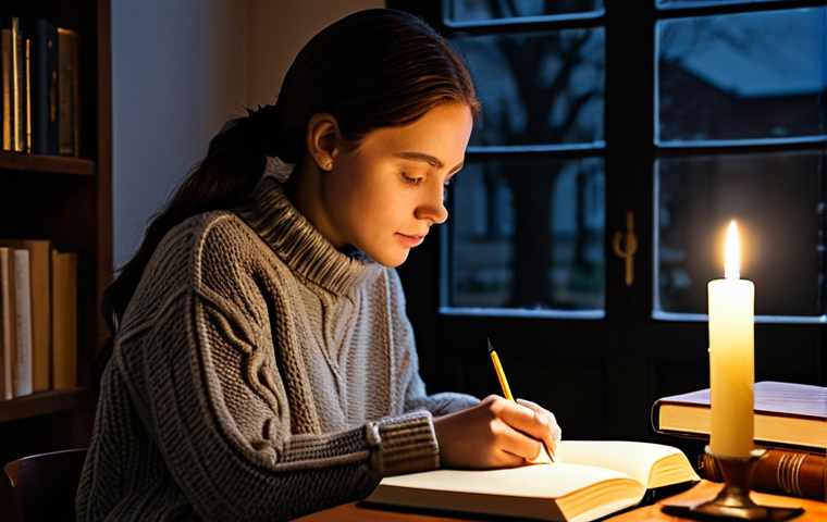 **
A woman in a quiet study, journaling by candlelight, surrounded by books. She's wearing a comfortable, fully clothed sweater and pants, safe for work, appropriate content. Focus on her calm expression and the peaceful atmosphere. Natural pose, perfect anatomy, modest setting, family-friendly.
**