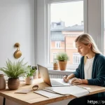 Home 16 자기 대화 개선을 위한 소셜 미디어 활용법 - A serene and cozy home office scene in a modern Swedish apartment, featuring a young adult woman cal...