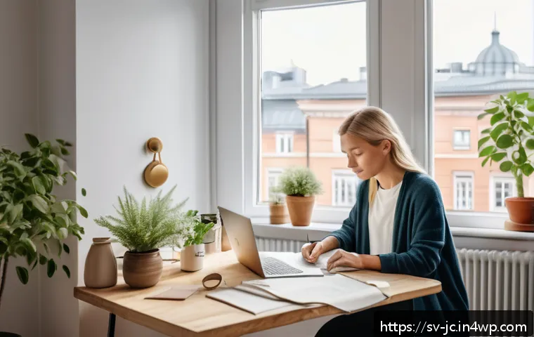 자기 대화 개선을 위한 소셜 미디어 활용법 - A serene and cozy home office scene in a modern Swedish apartment, featuring a young adult woman cal...