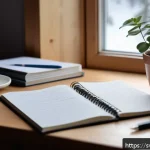 Home 21 자기 대화와 행동 변화의 관계 - A serene Scandinavian home office scene, morning light softly illuminating a tidy desk with a notebo...