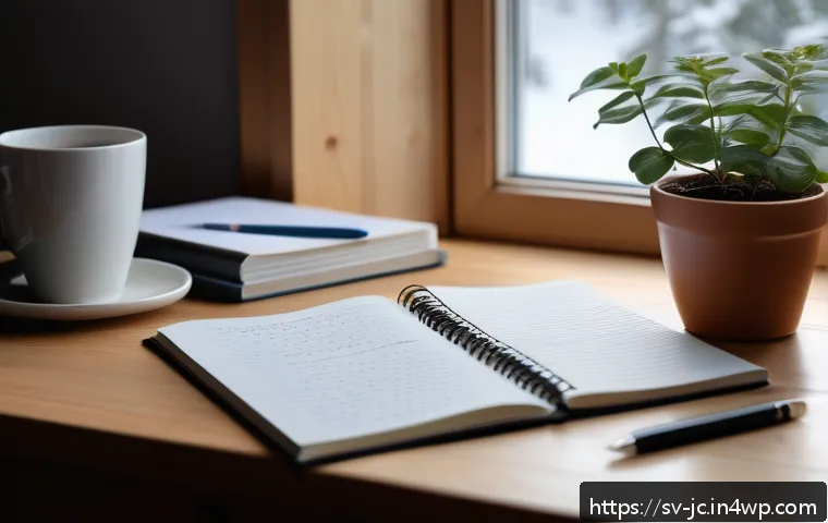 자기 대화와 행동 변화의 관계 - A serene Scandinavian home office scene, morning light softly illuminating a tidy desk with a notebo...