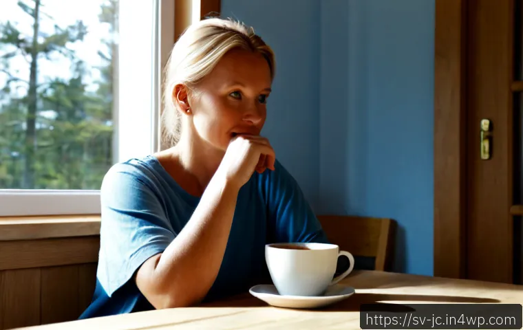 Home 17 자기 대화의 역할과 중요성 - Photorealistic Scandinavian morning scene, a thoughtful middle-aged Swedish woman seated alone at a ...