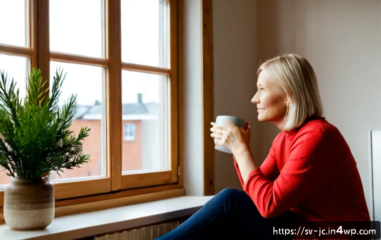 자기 대화와 사회적 상호작용의 중요성 - Photorealistic Swedish woman in her early 60s sitting beside a large window in a calm Scandinavian a...